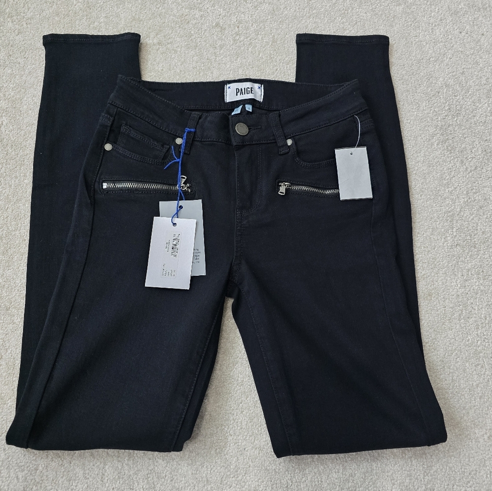 NWT Paige Black Indio Zip Denim Skinny Jeans Women's Size 25 - Picture 2 of 4